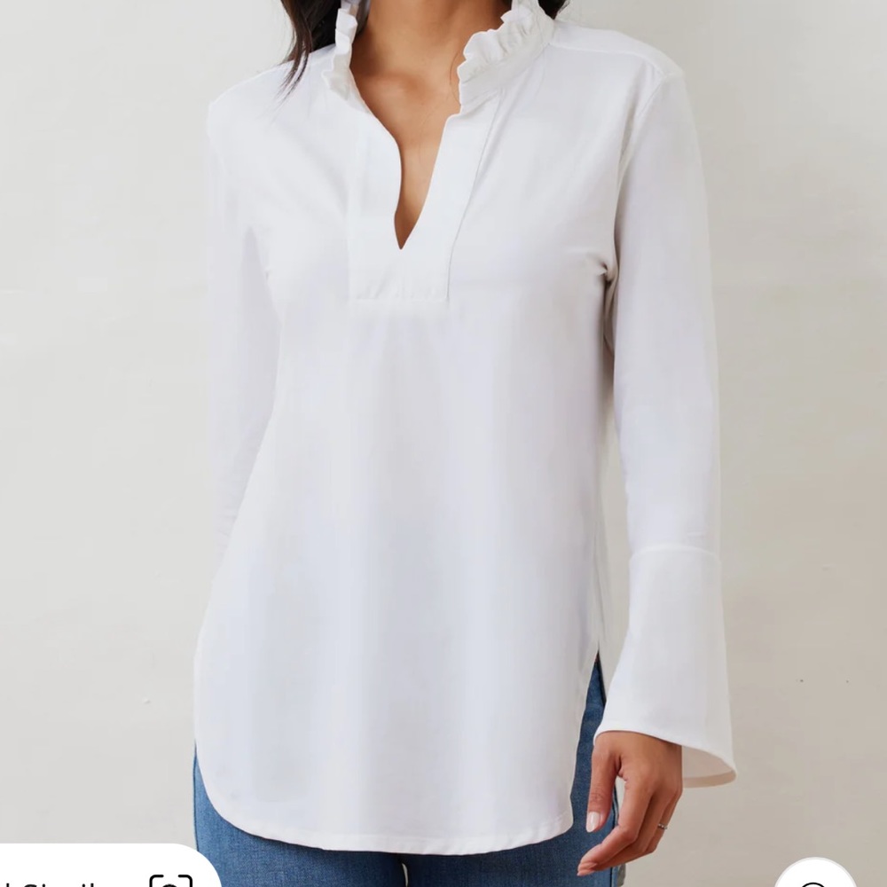 Dudley Stephens White Long Sleeve Ruffle V-Neck Blouse